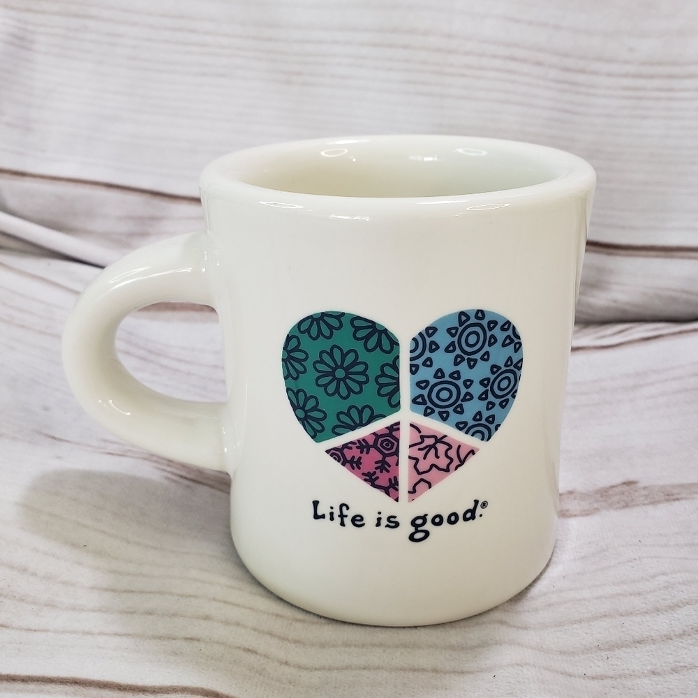 Life Is Good Boho Heart Coffee Mug Diner Style Ceramic 4 Inch 12 Oz